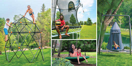 A collage of kids playing on a trampoline, climbing dome and swings.