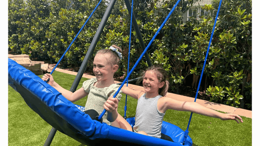 Two kids swinging on the gobaplay Double Platform Tree Swing.